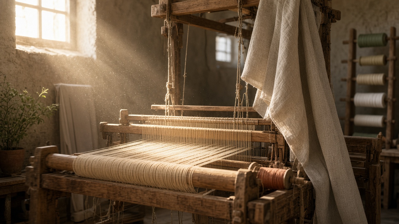 Wooden loom with flax warp in afternoon sun