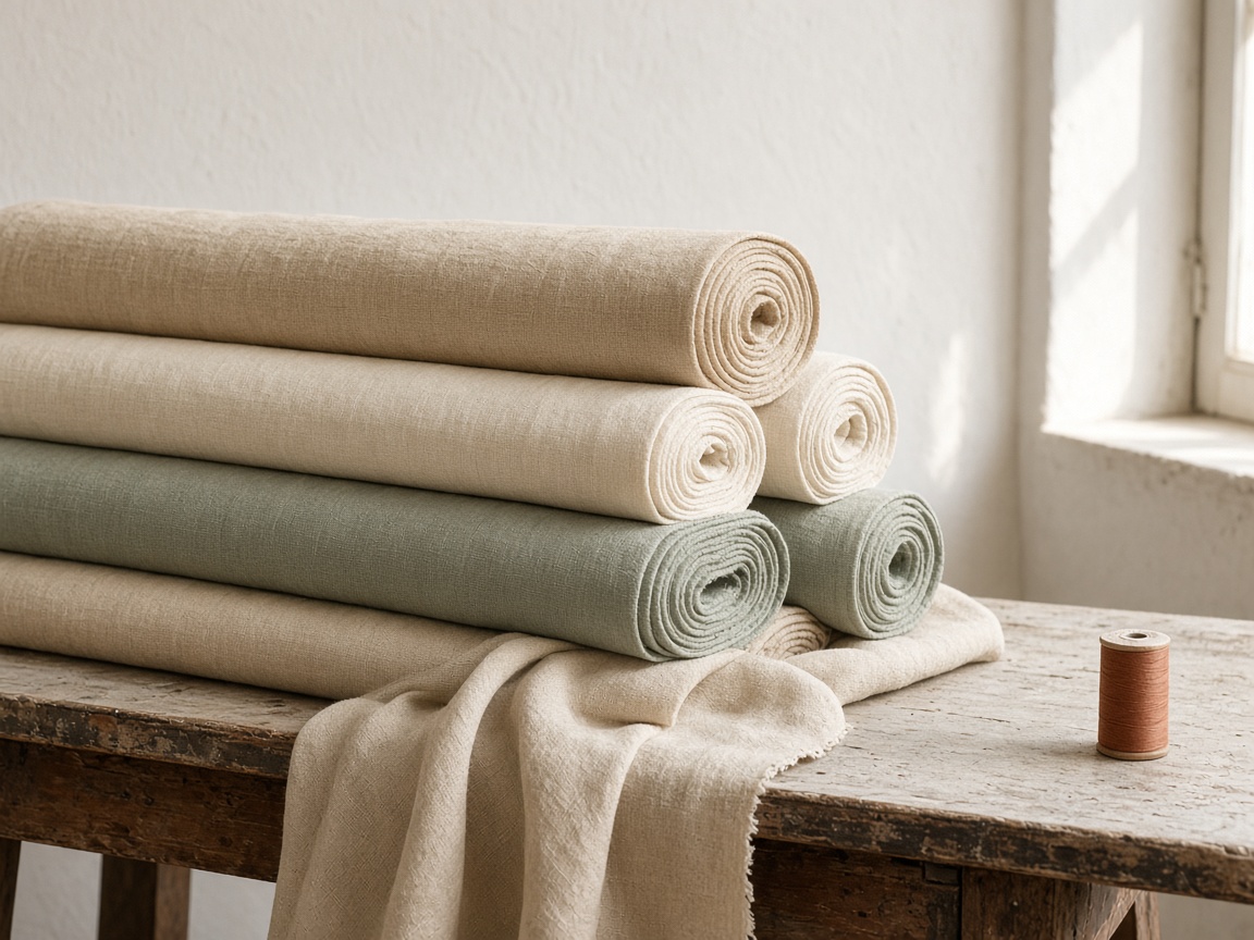 Bolts of natural linen on a cutting table