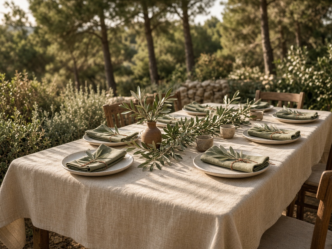 Garden table set with a flax linen cloth